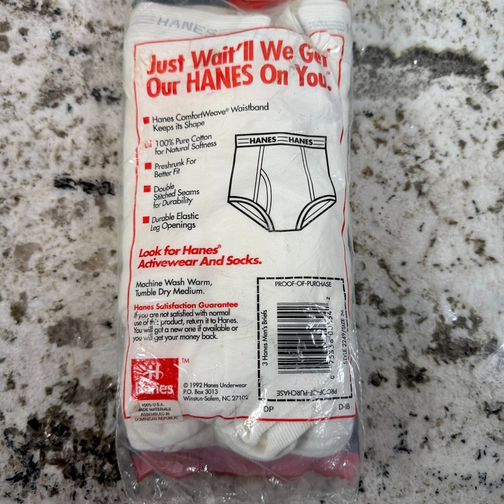 Vintage Hanes Briefs Mens 36 White 3 Pack 1997 Made in USA Cotton NOS - Picture 3 of 4